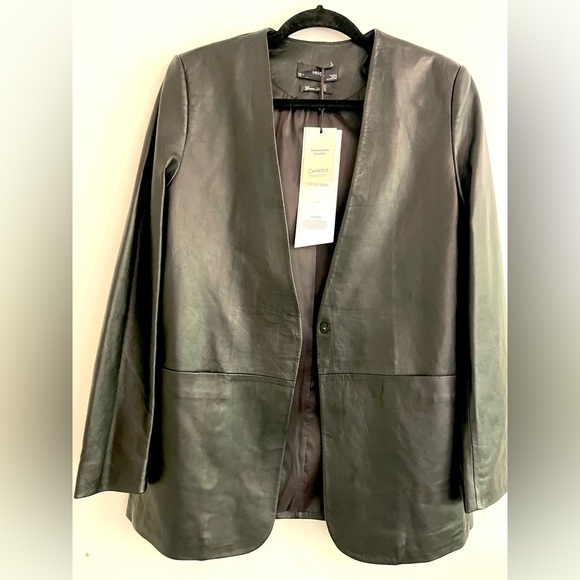 Mango 100% LEATHER BLAZER | size SMALL | | BLACK MINIMALIST OVERSIZED - Picture 13 of 16